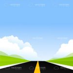 Illustrated Road with Green Field and Blue Sky Horizon